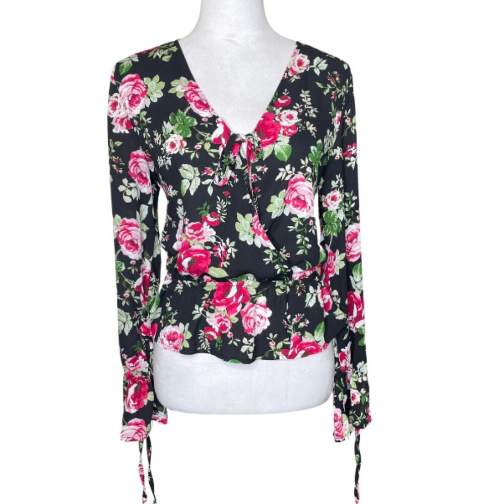 Ambiance Black Floral Peplum Blouse Top Tie Up V-Neck Size Large
